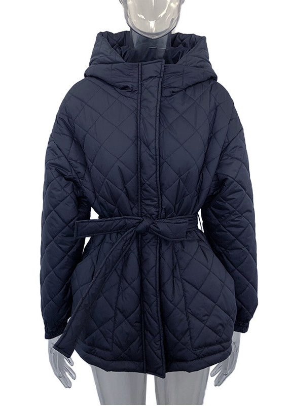 Stylish Black Hooded Tie Waist Fine Cotton Filled Coat Winter