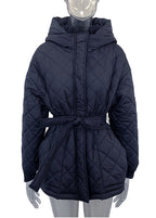 Stylish Black Hooded Tie Waist Fine Cotton Filled Coat Winter