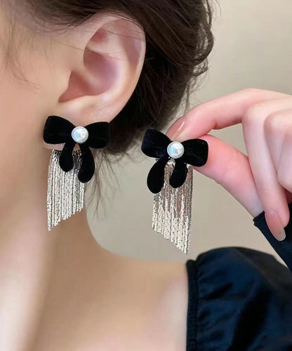Stylish Black Imitation Pearl Alloy Bow Tassel Drop Earrings