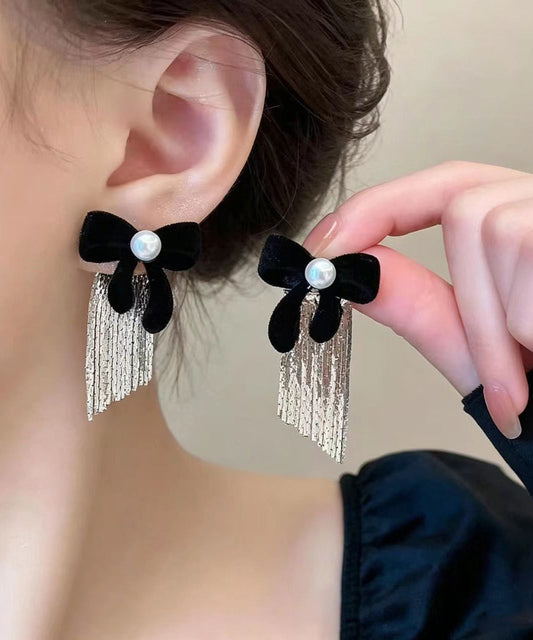 Stylish Black Imitation Pearl Alloy Bow Tassel Drop Earrings