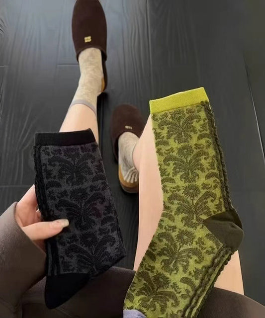 Stylish Black Jacquard Cotton Mid Calf Socks