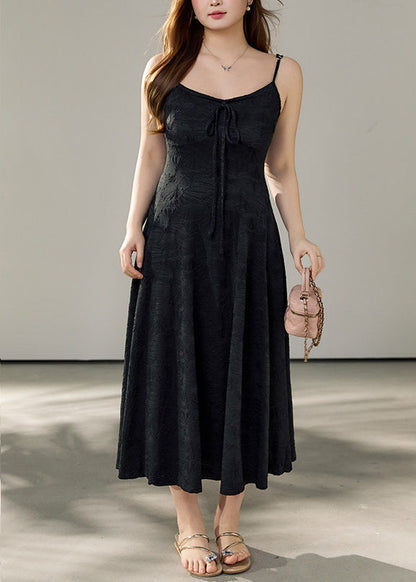 Stylish Black Jacquard Exra Large Hem Cotton Spaghetti Strap Dress Summer