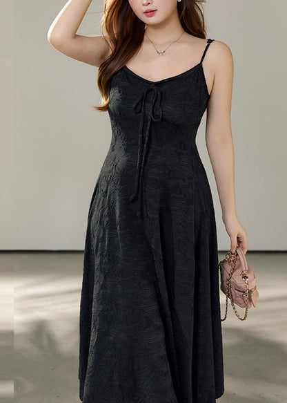 Stylish Black Jacquard Exra Large Hem Cotton Spaghetti Strap Dress Summer
