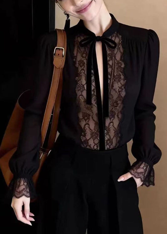 Stylish Black Lace Patchwork Chiffon Shirt Long Sleeve