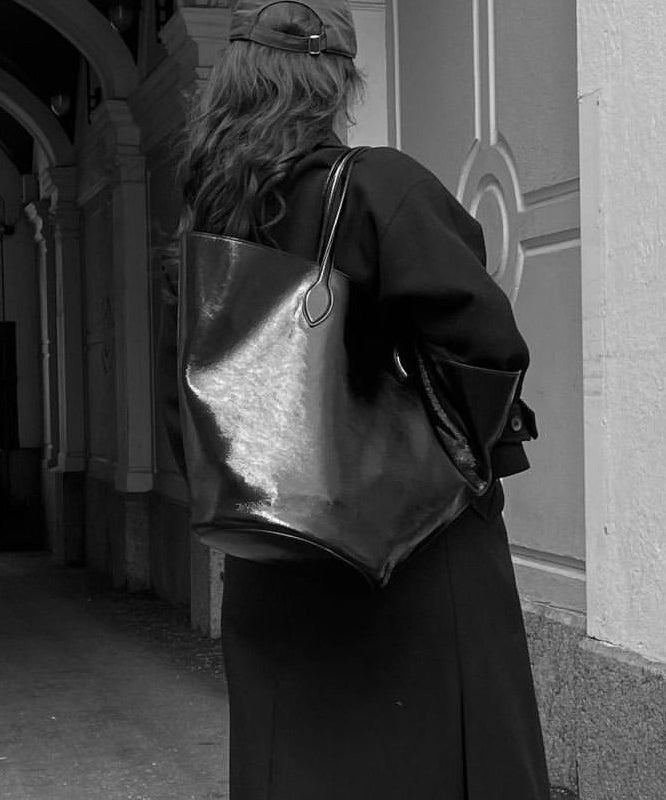 Stylish Black Large Capacity Faux Leather Bucket Bag