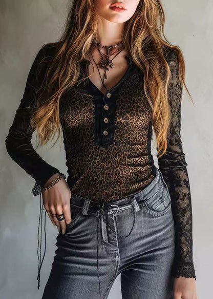 Stylish Black Leopard Patchwork Lace Shirt Tops Spring