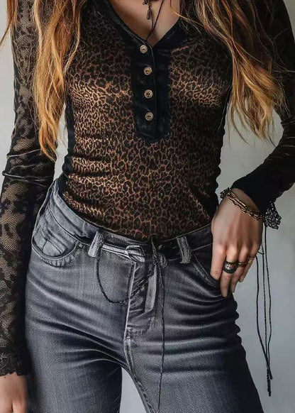 Stylish Black Leopard Patchwork Lace Shirt Tops Spring