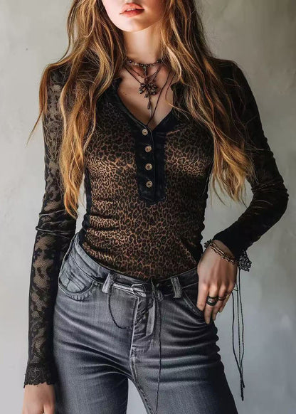 Stylish Black Leopard Patchwork Lace Shirt Tops Spring