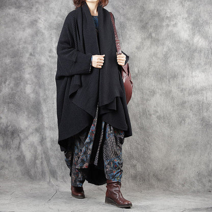 Stylish Black Loose Asymmetrical Design Fall Knitwear Coat