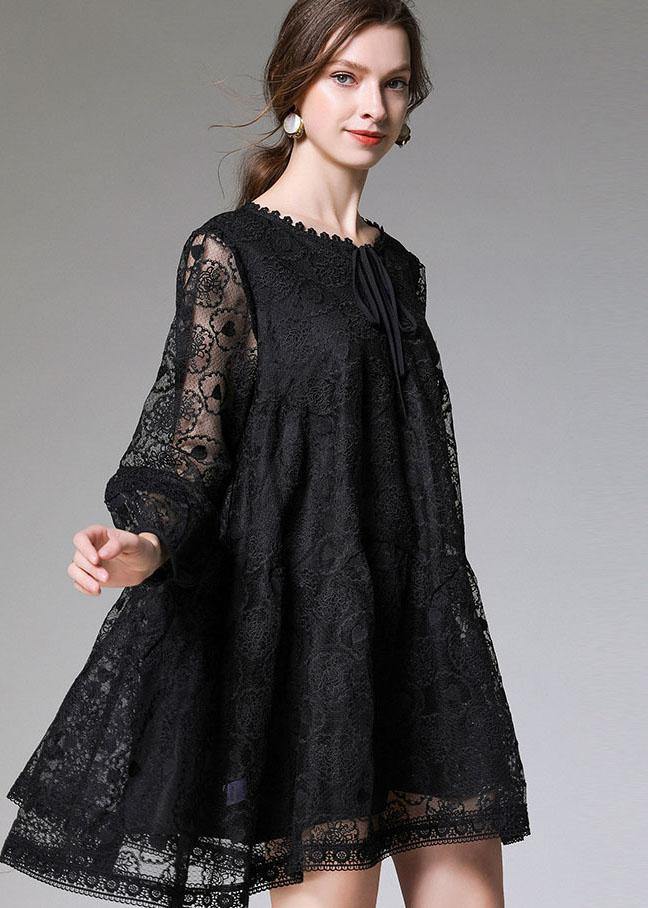 Stylish Black Loose Embroideried Spring Long Sleeve Dress - SooLinen