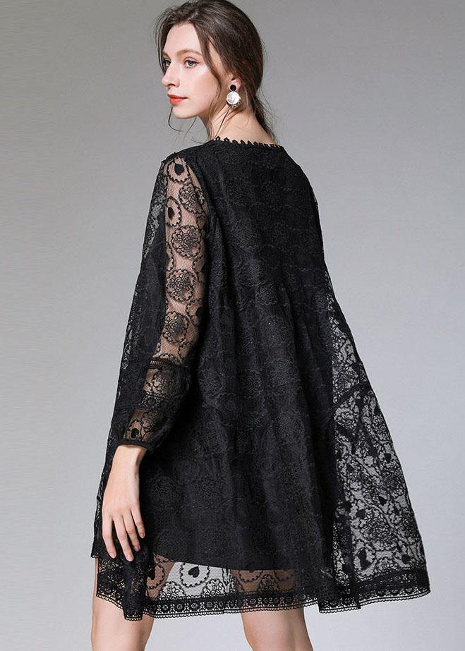 Stylish Black Loose Embroideried Spring Long Sleeve Dress - SooLinen