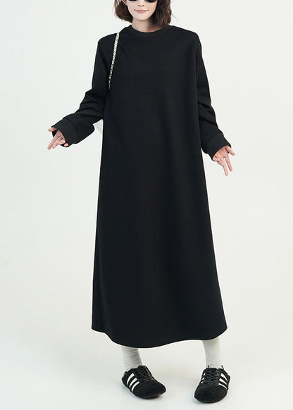 Stylish Black O Neck Cotton Long Dress Spring