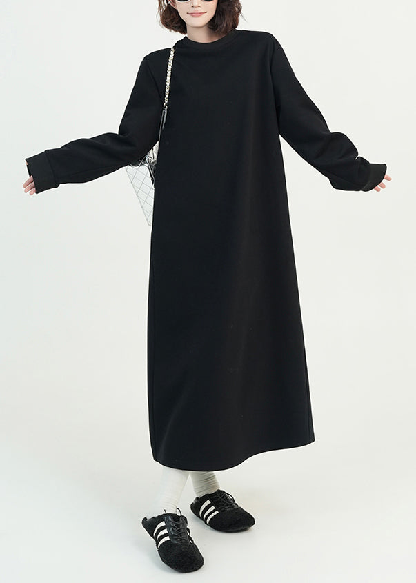 Stylish Black O Neck Cotton Long Dress Spring