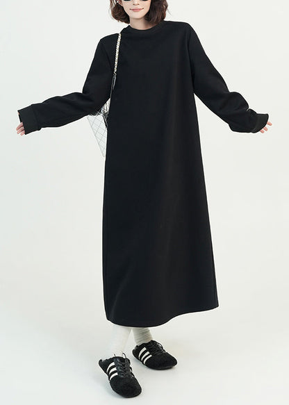 Stylish Black O Neck Cotton Long Dress Spring