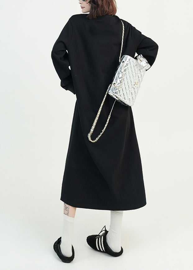 Stylish Black O Neck Cotton Long Dress Spring