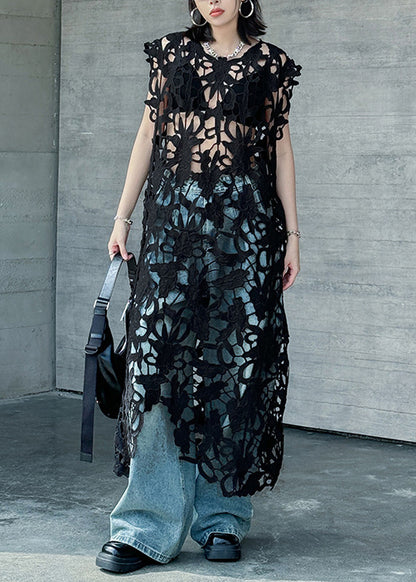 Stylish Black O Neck Hollow Out Lace Dresses Summer