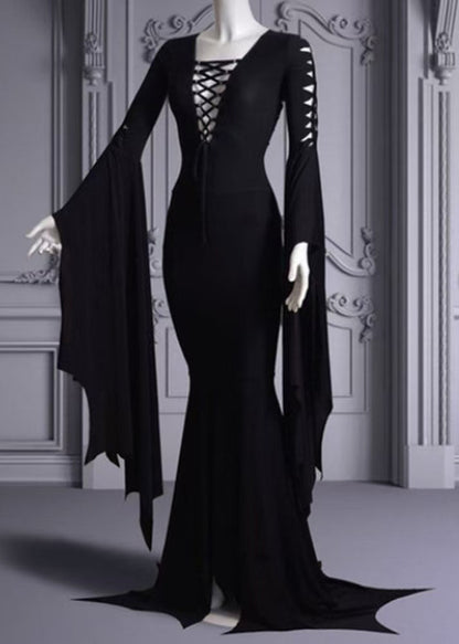 Stylish Black O Neck Lace Up Patchwork Cotton Dress Batwing Sleeve