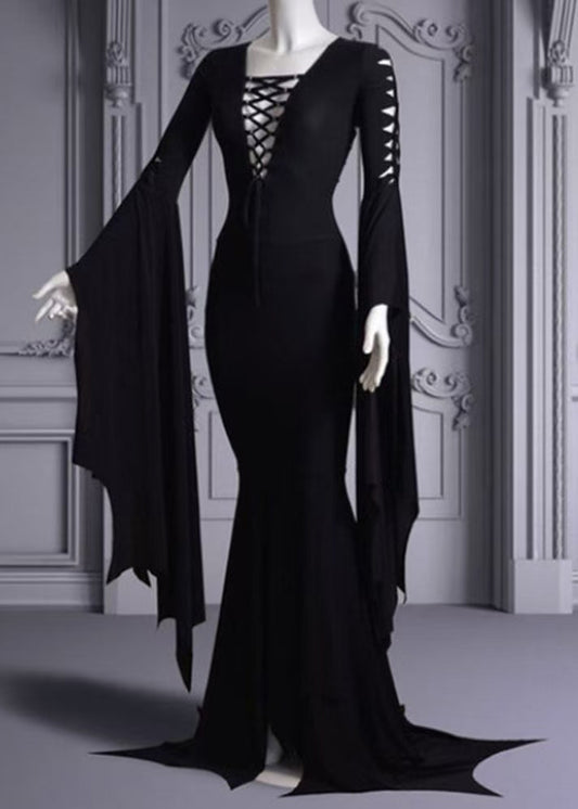 Stylish Black O Neck Lace Up Patchwork Cotton Dress Batwing Sleeve