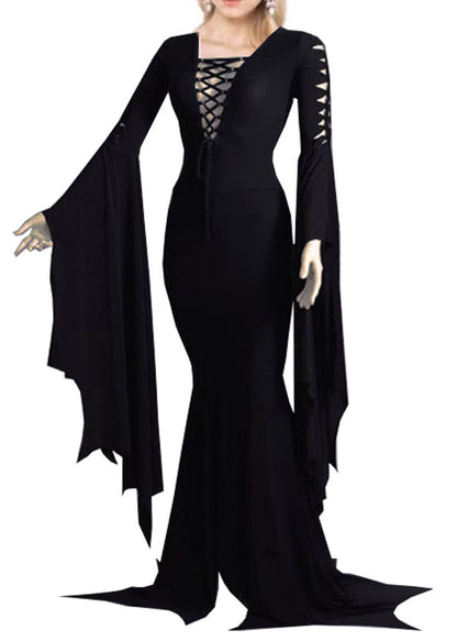 Stylish Black O Neck Lace Up Patchwork Cotton Dress Batwing Sleeve