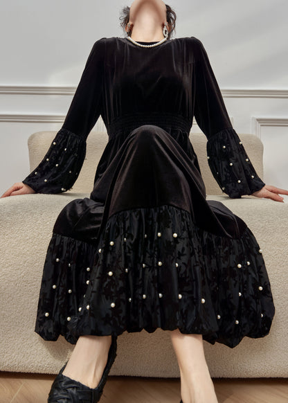 Stylish Black O Neck Pearl Elastic Waist Velvet Long Dresses Winter