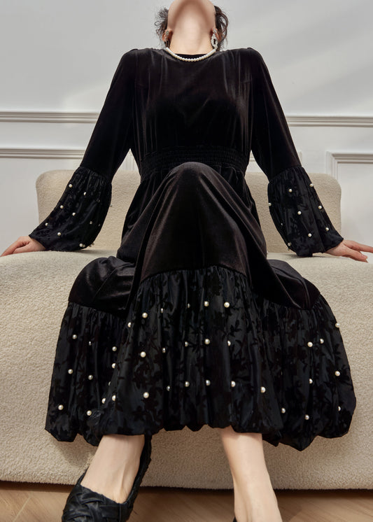 Stylish Black O Neck Pearl Elastic Waist Velvet Long Dresses Winter