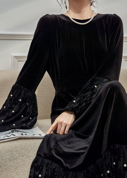 Stylish Black O Neck Pearl Elastic Waist Velvet Long Dresses Winter