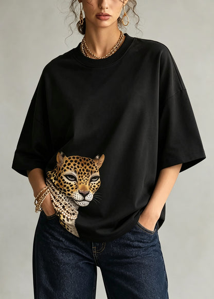 Stylish Black O Neck Print Cotton T Shirt Top Summer