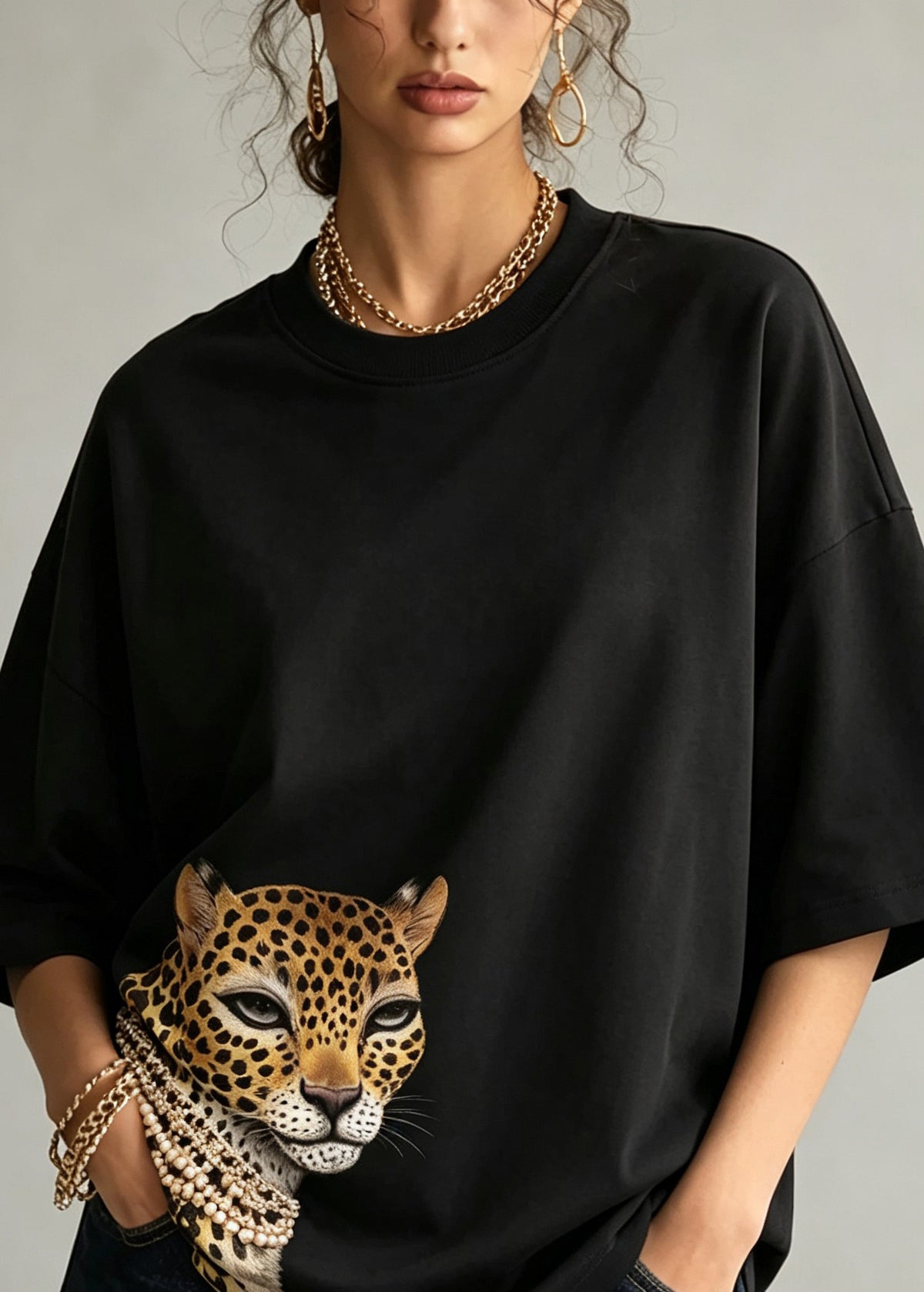 Stylish Black O Neck Print Cotton T Shirt Top Summer
