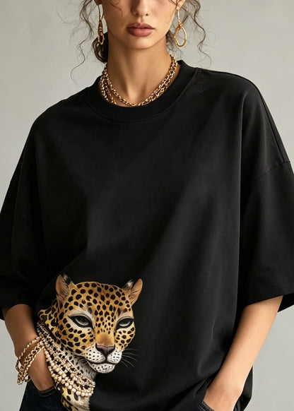 Stylish Black O Neck Print Cotton T Shirt Top Summer