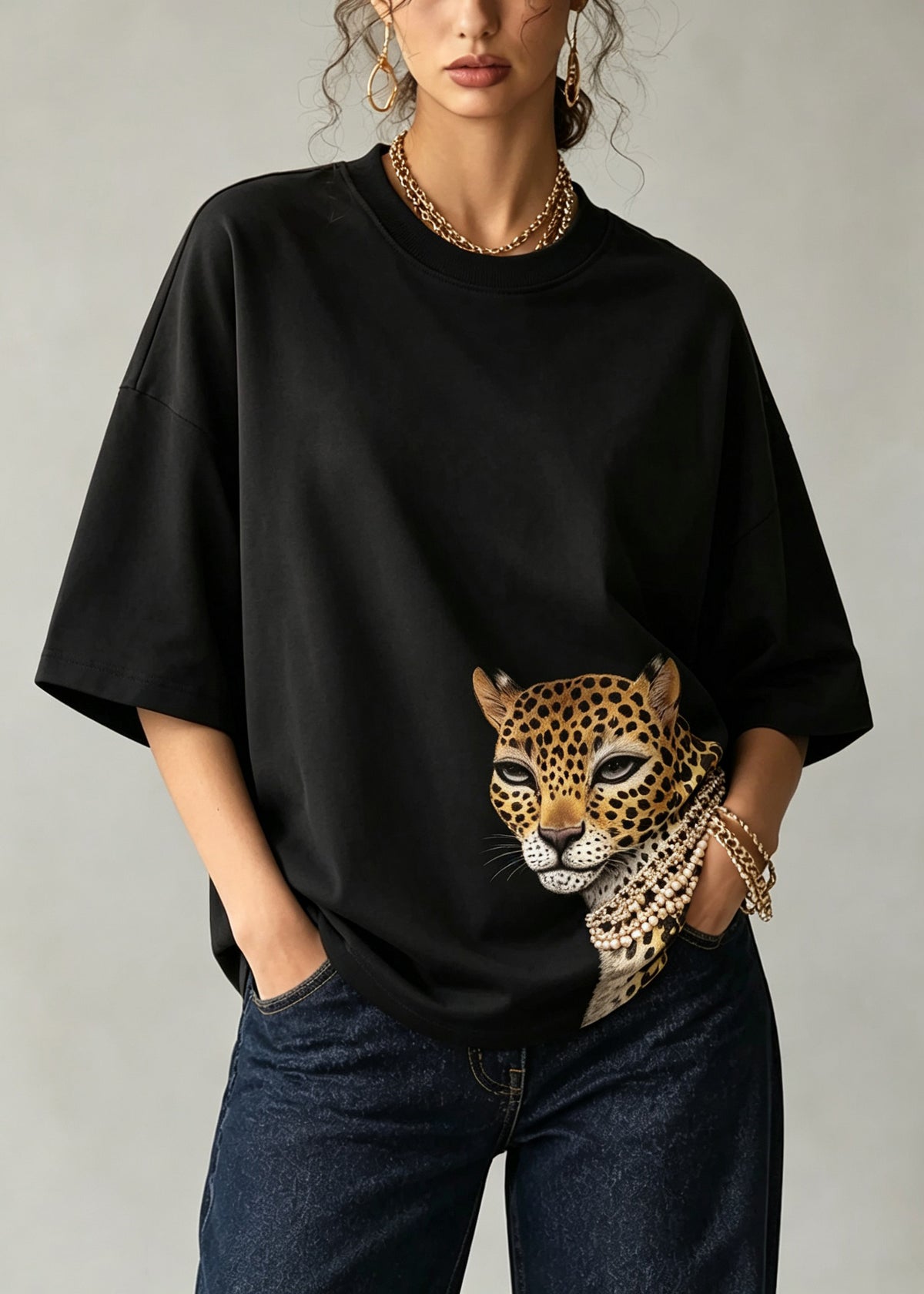Stylish Black O Neck Print Cotton T Shirt Top Summer