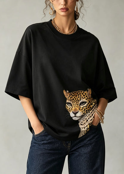 Stylish Black O Neck Print Cotton T Shirt Top Summer