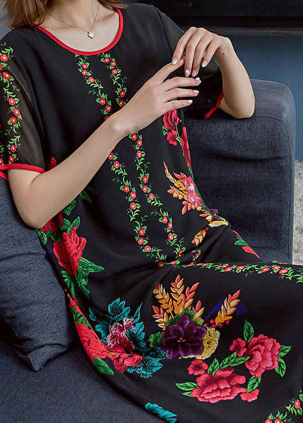 Stylish Black O Neck Print Patchwork Chiffon Dresses Summer