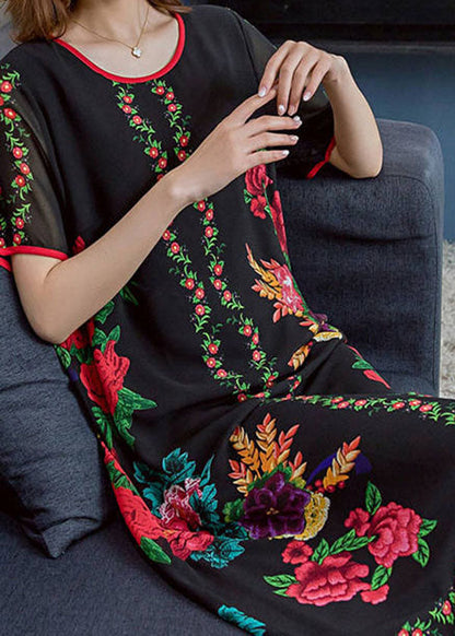Stylish Black O Neck Print Patchwork Chiffon Dresses Summer