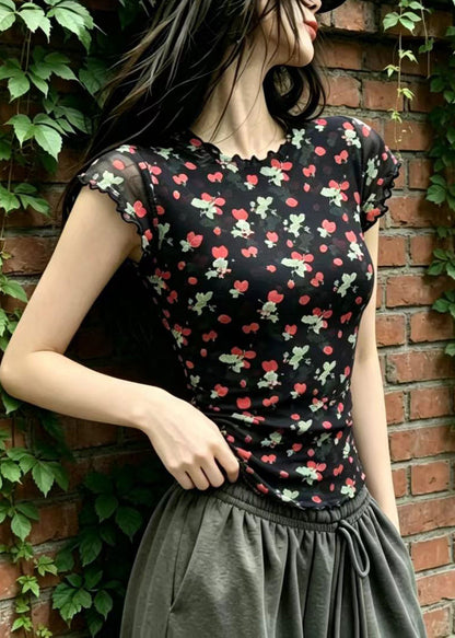Stylish Black O-Neck Ruffled Print Shirt Tops Short Sleeve