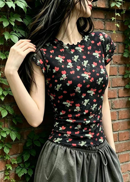 Stylish Black O-Neck Ruffled Print Shirt Tops Short Sleeve