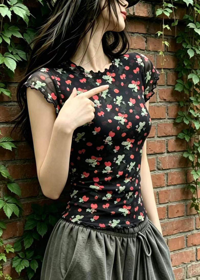 Stylish Black O-Neck Ruffled Print Shirt Tops Short Sleeve