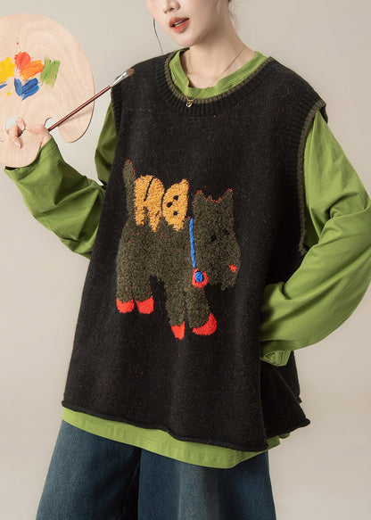 Stylish Black O-Neck Thick Cotton Knit Waistcoat Top Winter