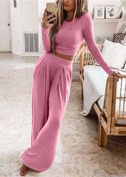 Stylish Black O-Neck Top And Wide Leg Pants Two Piece Set Long Sleeve