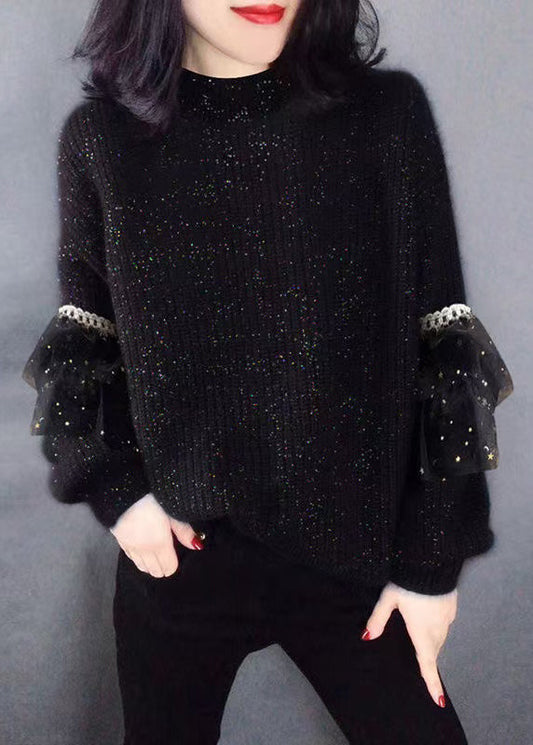 Stylish Black O Neck Tulle Patchwork Knit Sweater Winter