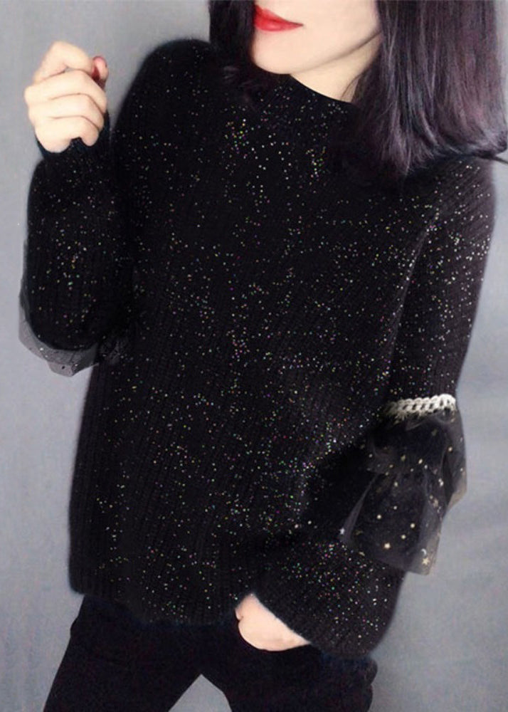 Stylish Black O Neck Tulle Patchwork Knit Sweater Winter