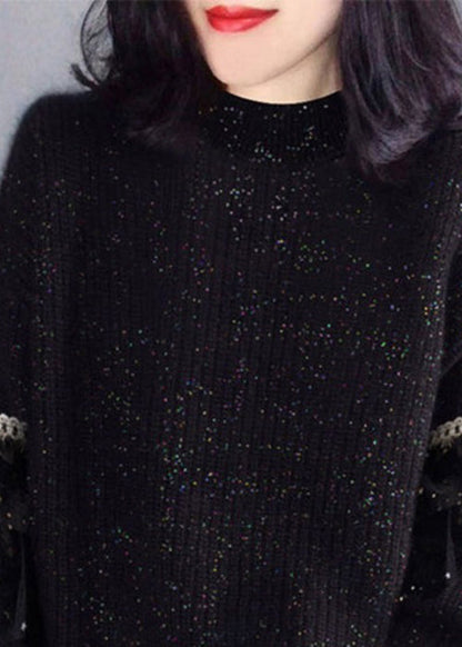 Stylish Black O Neck Tulle Patchwork Knit Sweater Winter