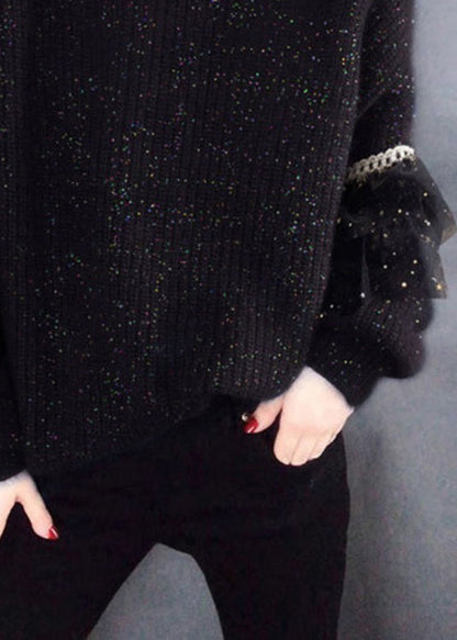 Stylish Black O Neck Tulle Patchwork Knit Sweater Winter