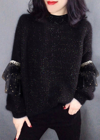Stylish Black O Neck Tulle Patchwork Knit Sweater Winter