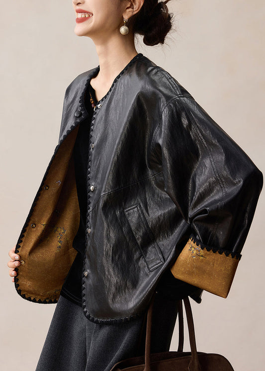 Stylish Black O Neck Wear On Both Sides Faux Leather Coat Spring