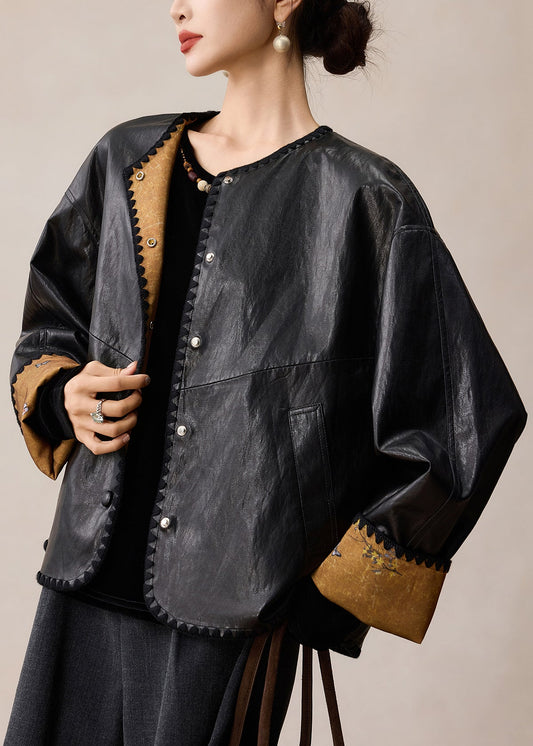 Stylish Black O Neck Wear On Both Sides Faux Leather Coat Spring