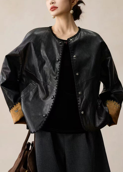 Stylish Black O Neck Wear On Both Sides Faux Leather Coat Spring