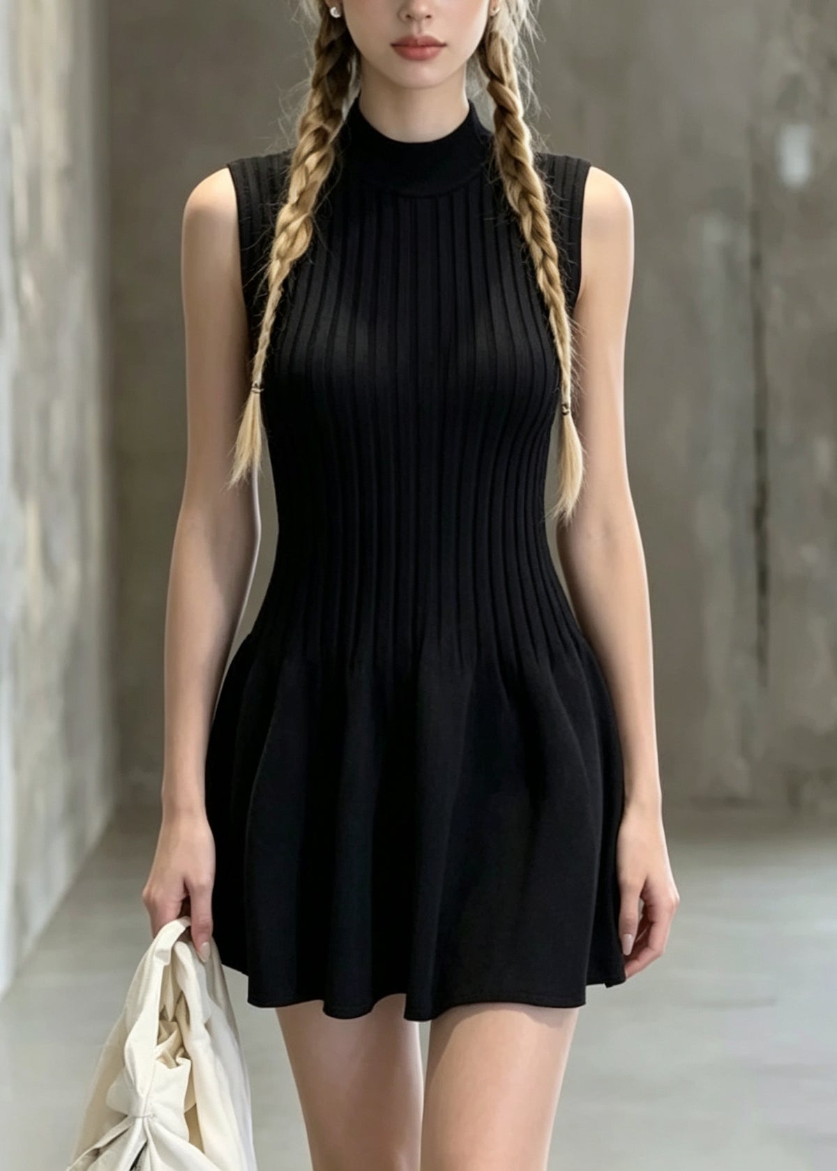 Stylish Black O Neck Wrinkled Knit Mini Dress Sleeveless