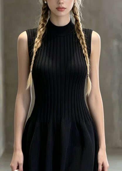 Stylish Black O Neck Wrinkled Knit Mini Dress Sleeveless