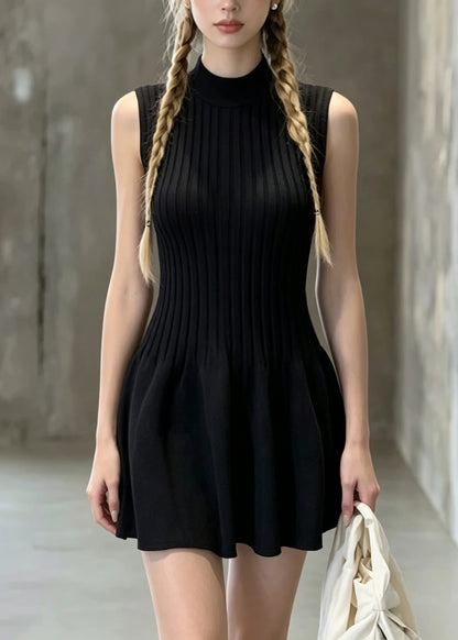 Stylish Black O Neck Wrinkled Knit Mini Dress Sleeveless