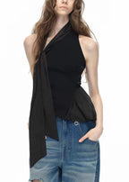 Stylish Black One Shoulder Bow Patchwork Cotton Blouse Tops Sleeveless